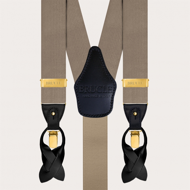 Men's suspenders in ecru silk with gold metal parts for buttons or clips