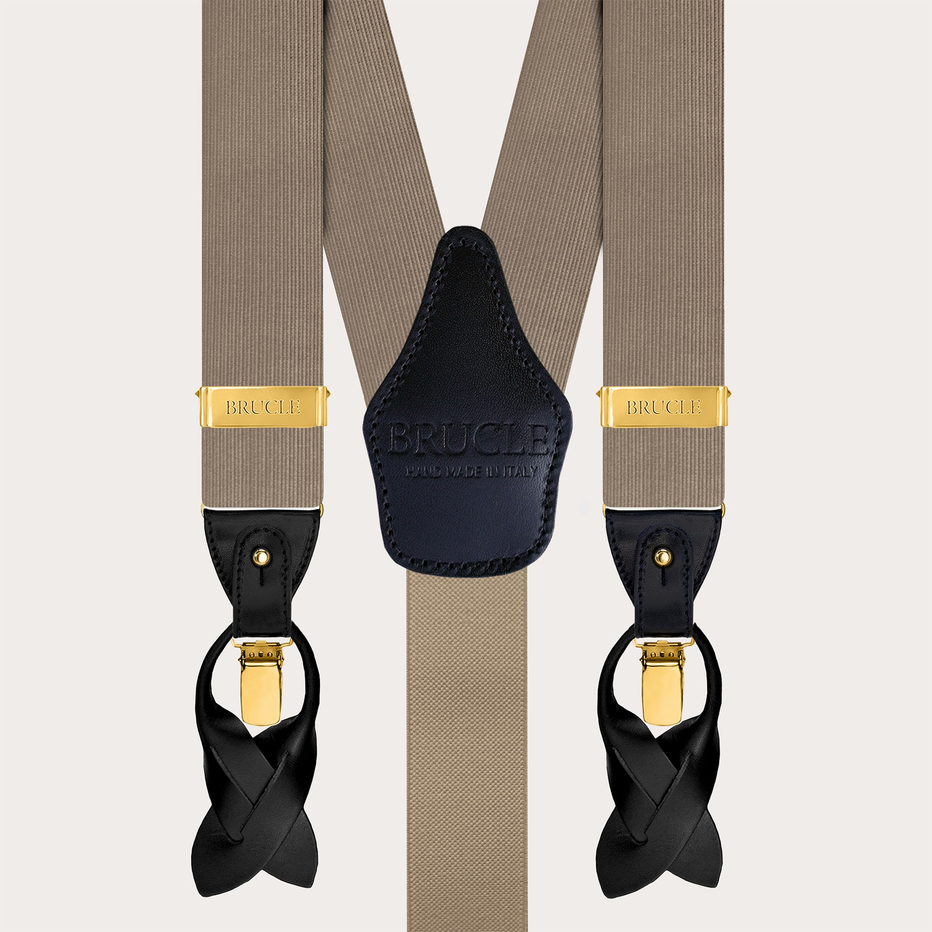 Men's suspenders in ecru silk with gold metal parts for buttons or clips