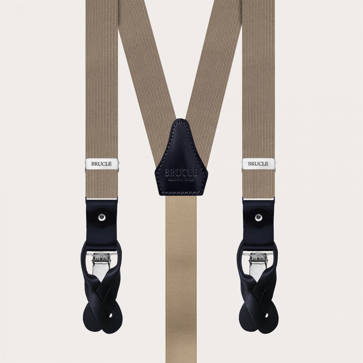 Narrow ecru silk suspenders for buttons or clips