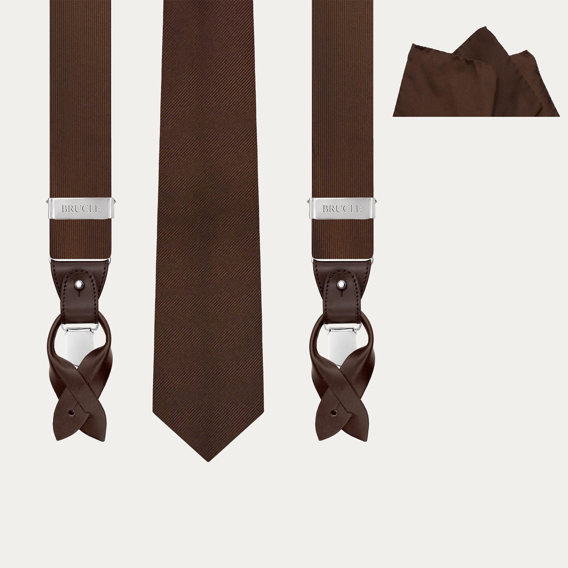 Elegant set of suspenders, necktie and pocket square in brown