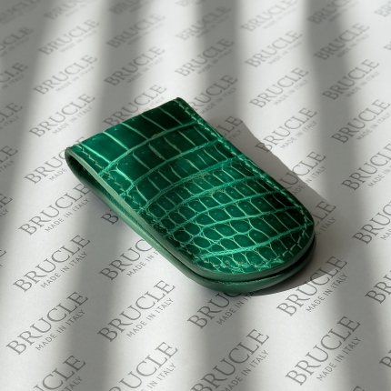 Clip para billetes magnético en cuero de cocodrilo genuino verde esmeralda brillante