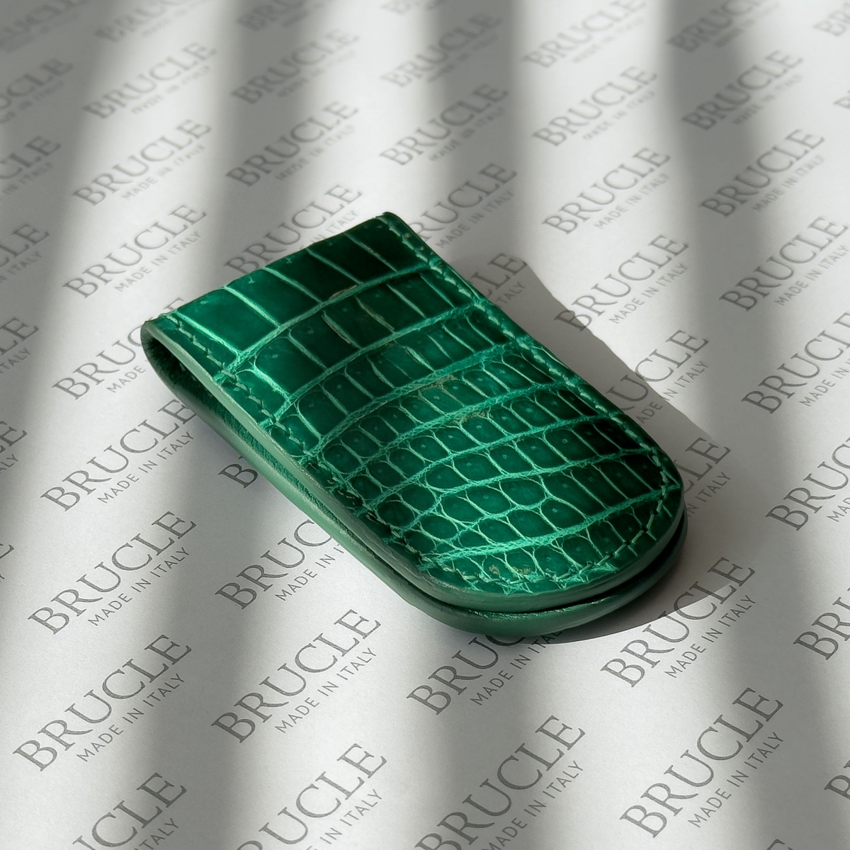 Magnetic money clip in genuine glossy emerald green crocodile leather