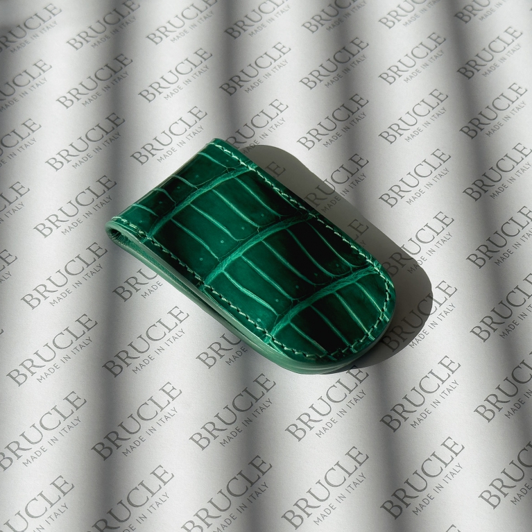 Magnetic money clip in genuine glossy emerald green crocodile leather