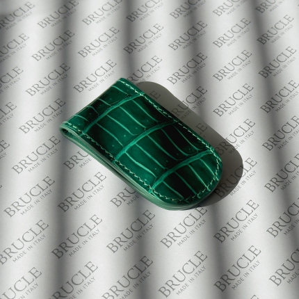 Clip para billetes magnético en cuero de cocodrilo genuino verde esmeralda brillante