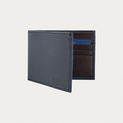 Men's blue wallet in pebbled leather with brown interior