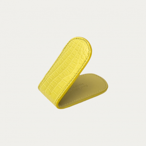 Luxurious yellow magnetic money clip in alligator leather with a matte finish