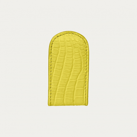 Luxurious yellow magnetic money clip in alligator leather with a matte finish