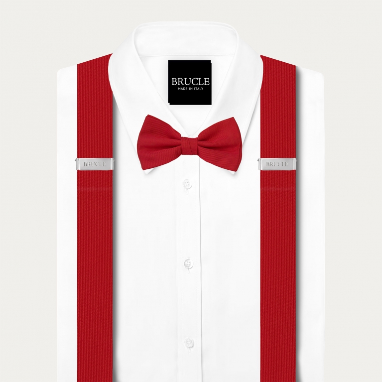 Coordinated set of red silk suspenders and bow tie