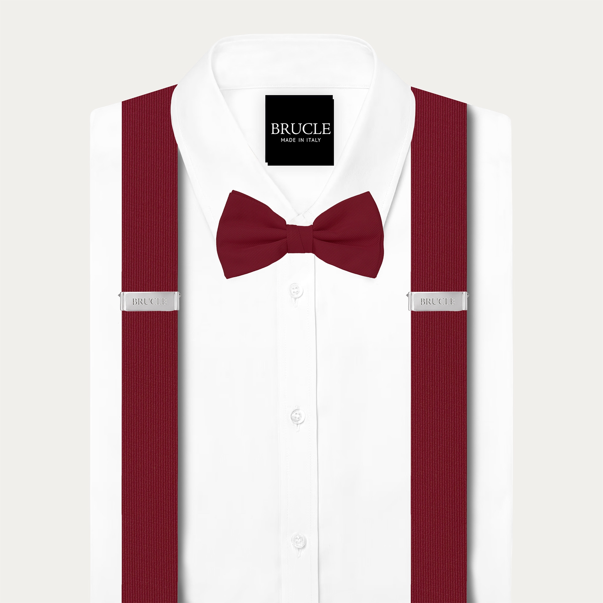 Coordinated silk set consisting of burgundy suspenders and bow tie