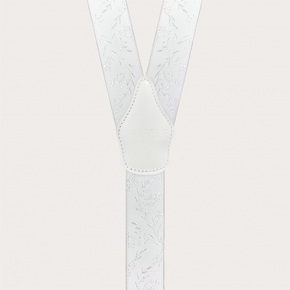 White ceremony suspenders for buttons with tone-on-tone pattern