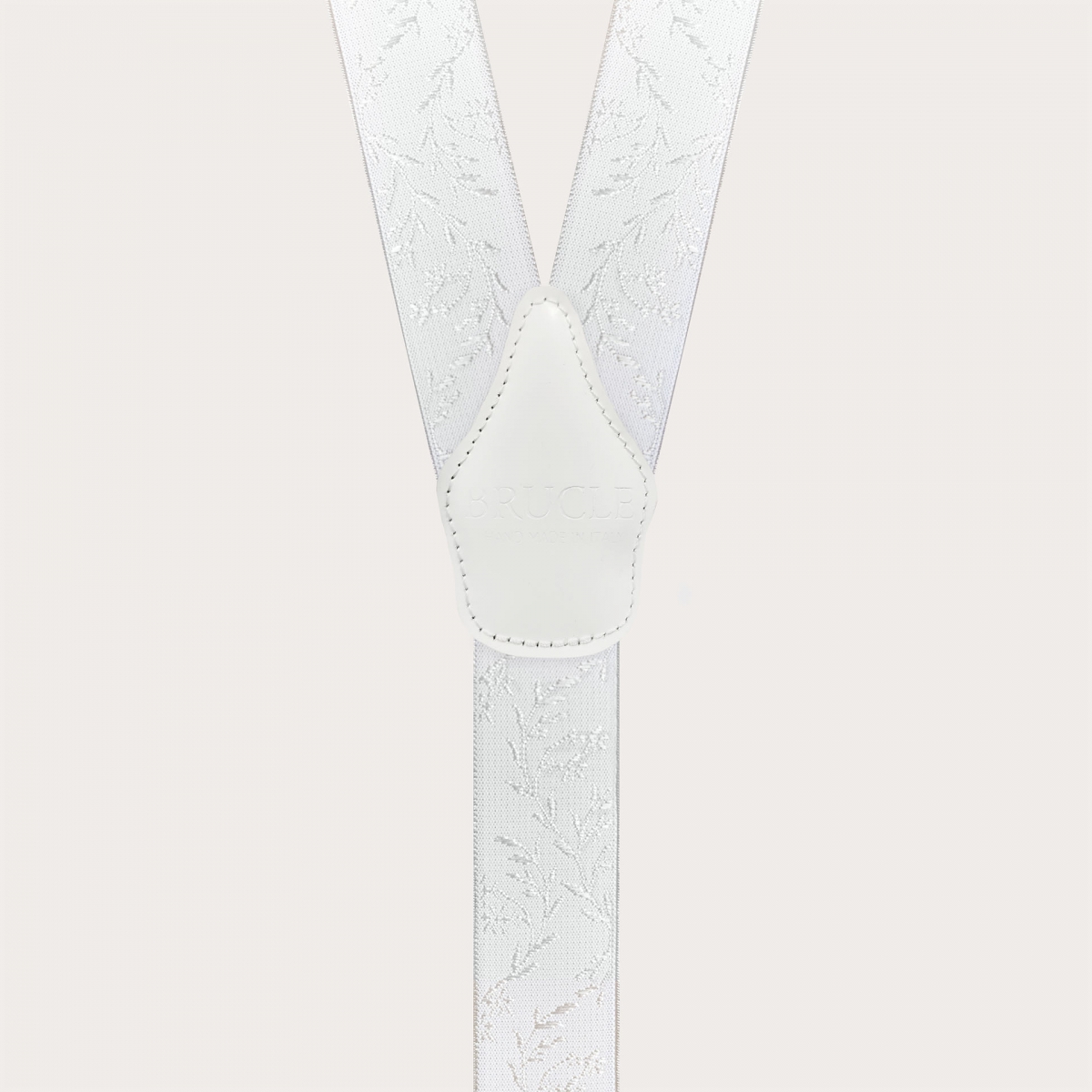 White ceremony suspenders for buttons with tone-on-tone pattern