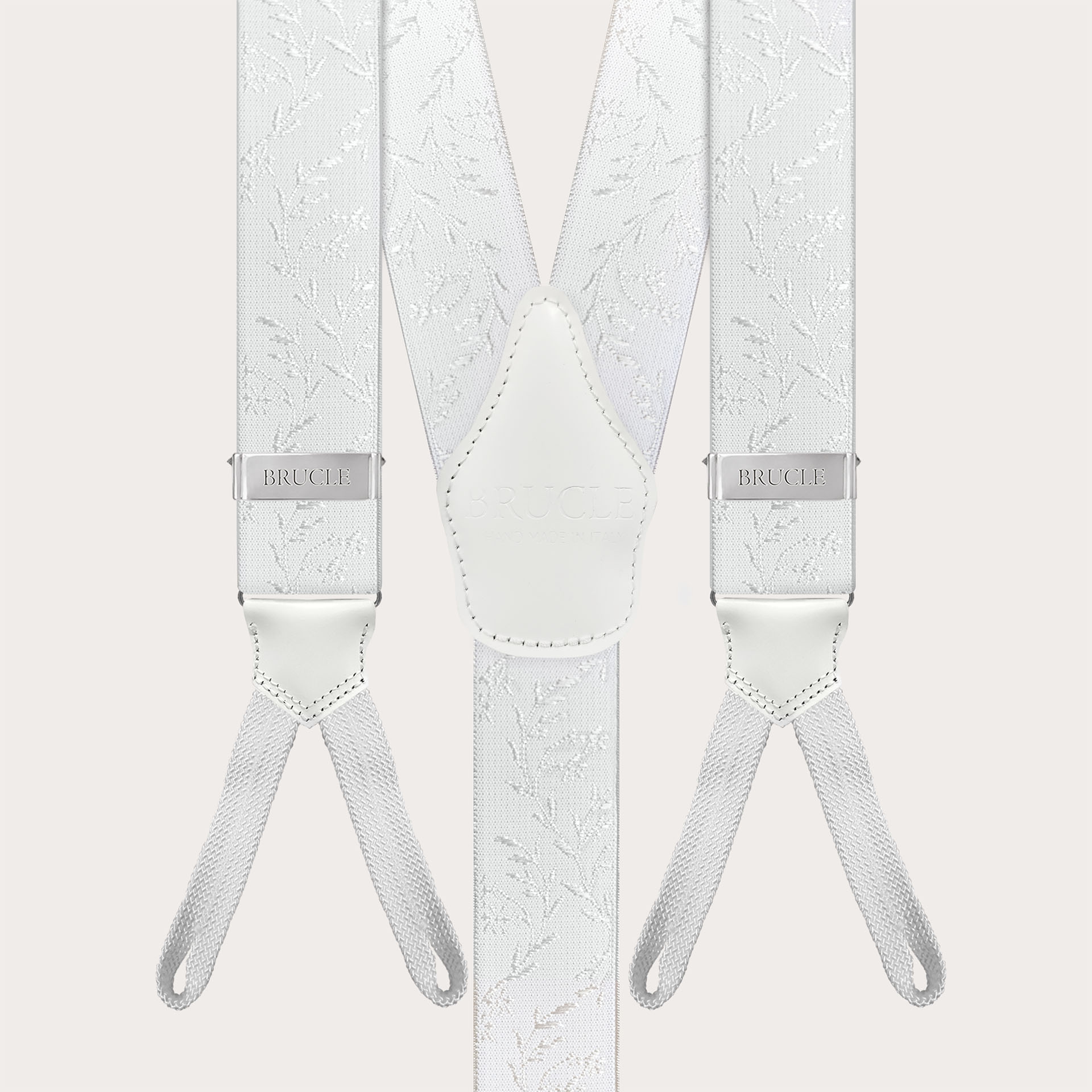 White ceremony suspenders for buttons with tone-on-tone pattern