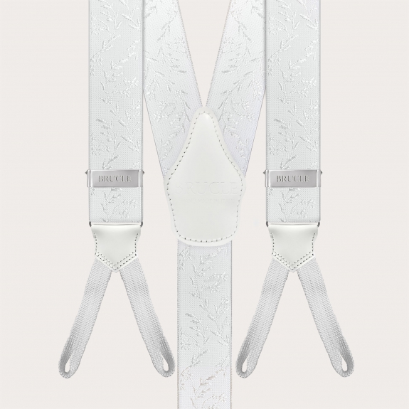 White ceremony suspenders for buttons with tone-on-tone pattern