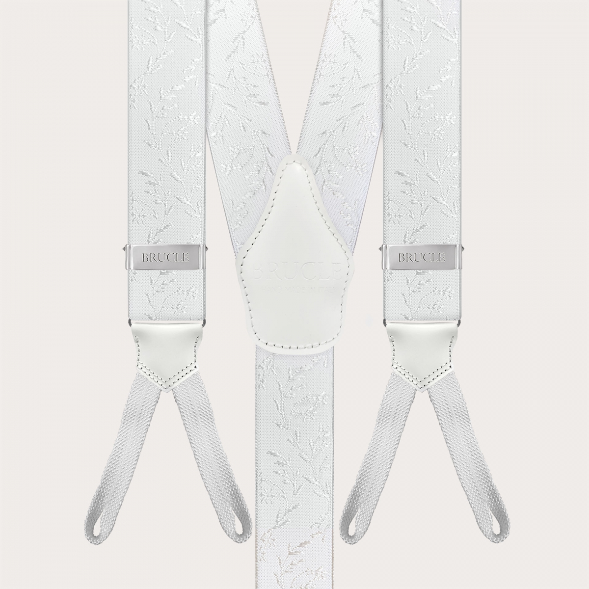 White ceremony suspenders for buttons with tone-on-tone pattern