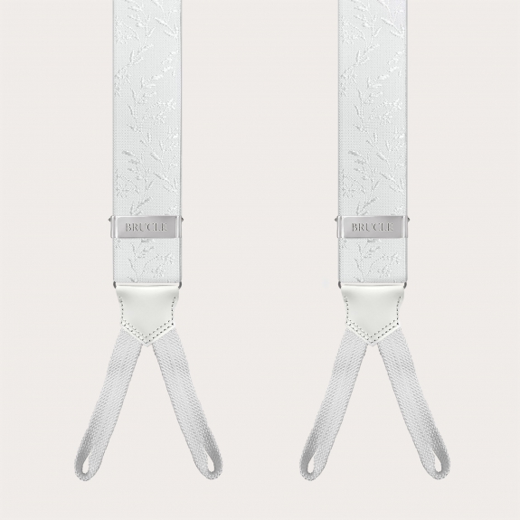 White ceremony suspenders for buttons with tone-on-tone pattern