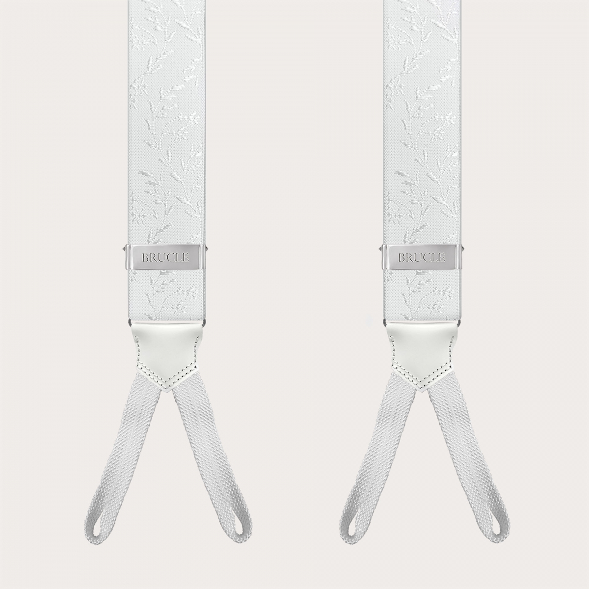 White ceremony suspenders for buttons with tone-on-tone pattern