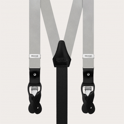 Gray silk suspenders with black leather for buttons or clips