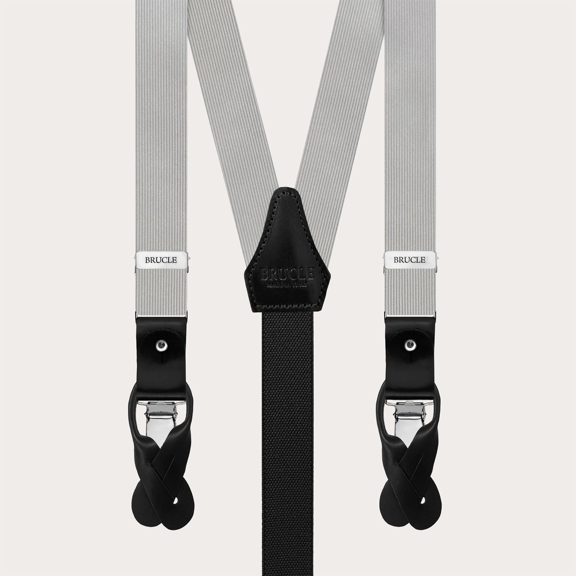 Gray silk suspenders with black leather for buttons or clips