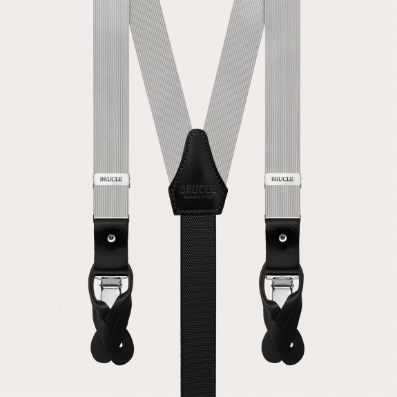 Gray silk suspenders with black leather for buttons or clips