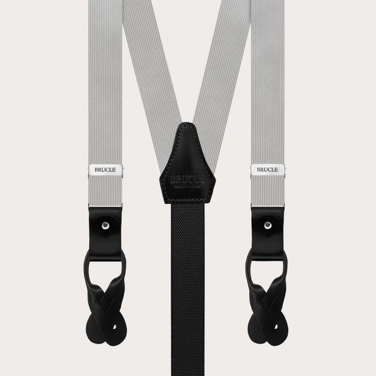 Gray silk suspenders with black leather for buttons or clips