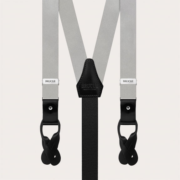 Gray silk suspenders with black leather for buttons or clips