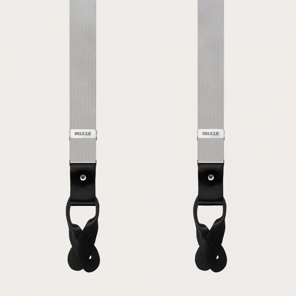 Gray silk suspenders with black leather for buttons or clips