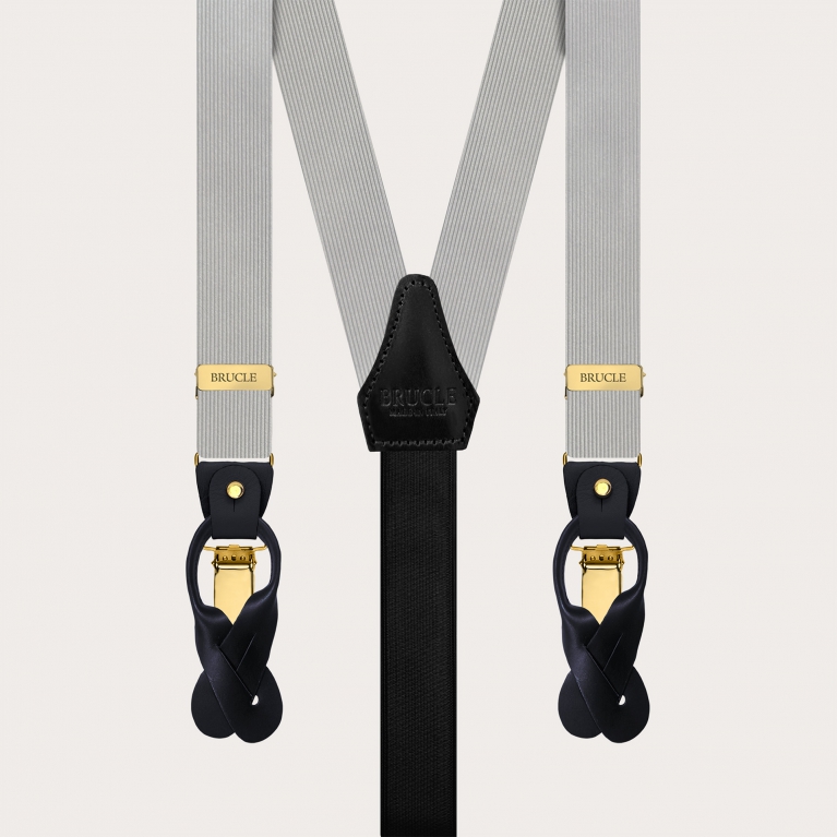 Gray narrow silk suspenders with gold metal parts