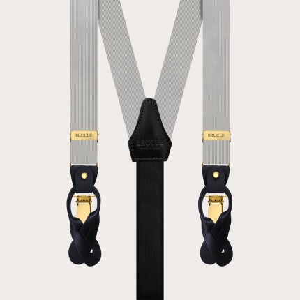 Gray narrow silk suspenders with gold metal parts