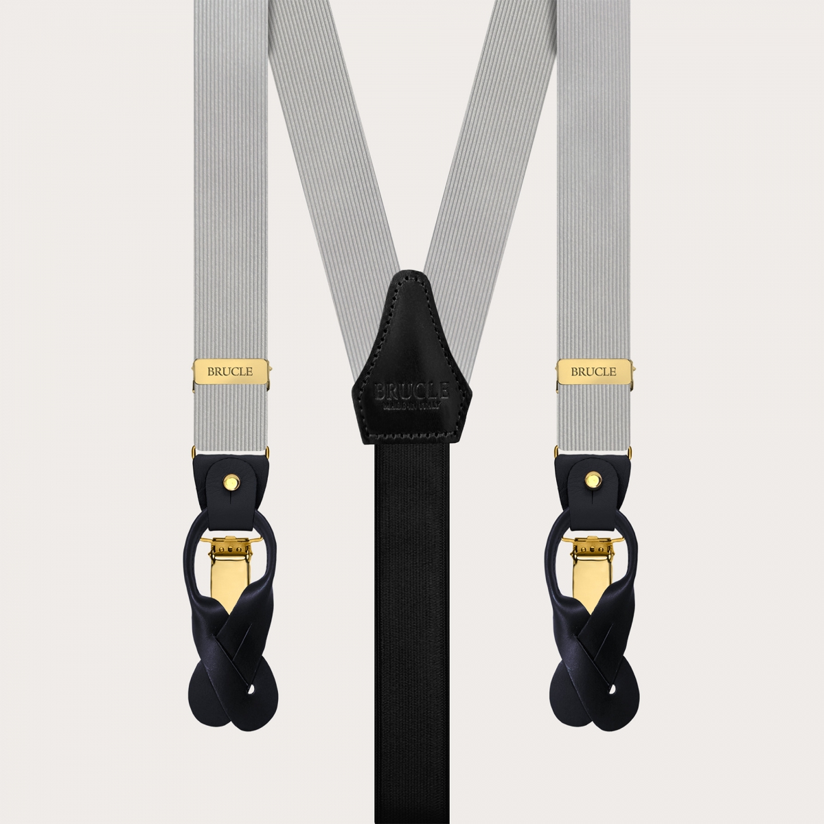 Gray narrow silk suspenders with gold metal parts