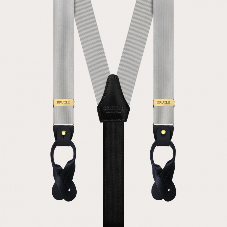 Gray narrow silk suspenders with gold metal parts
