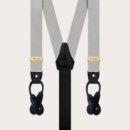 Gray narrow silk suspenders with gold metal parts