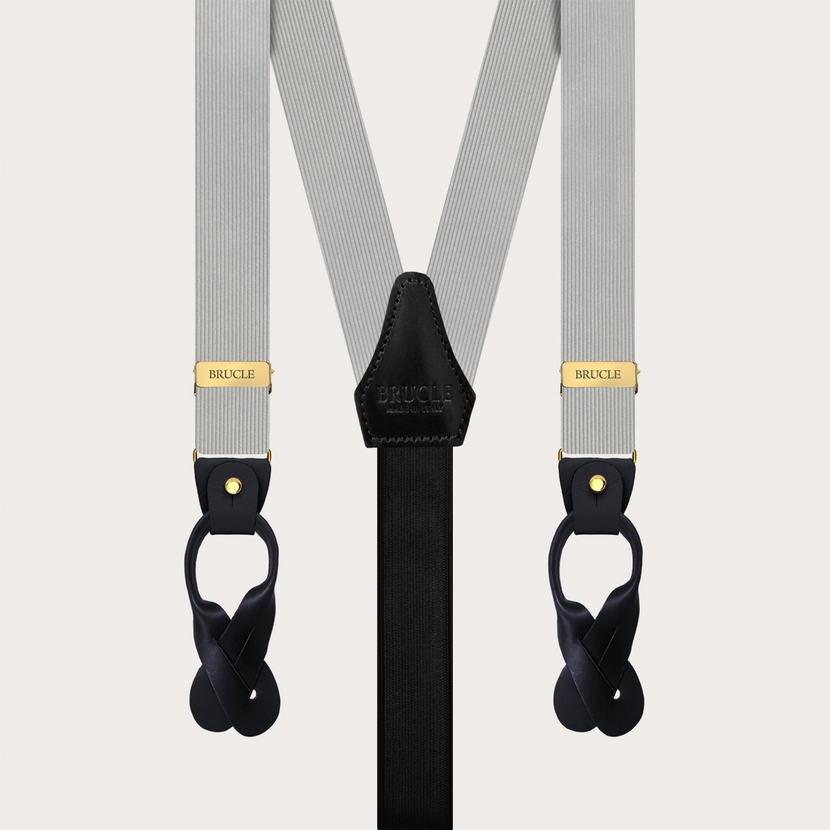 Gray narrow silk suspenders with gold metal parts