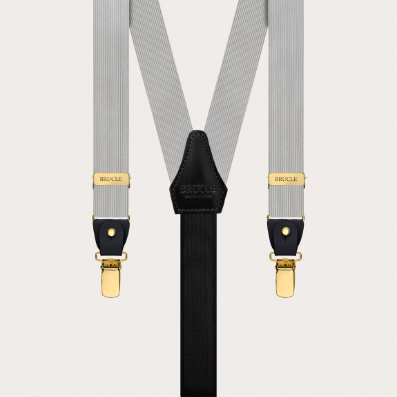 Gray narrow silk suspenders with gold metal parts