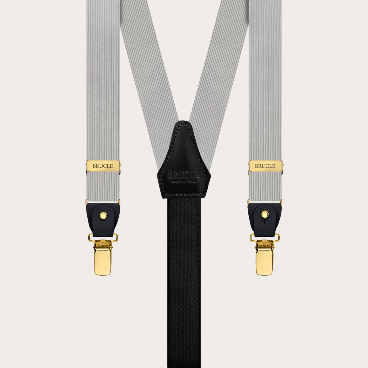 Gray narrow silk suspenders with gold metal parts