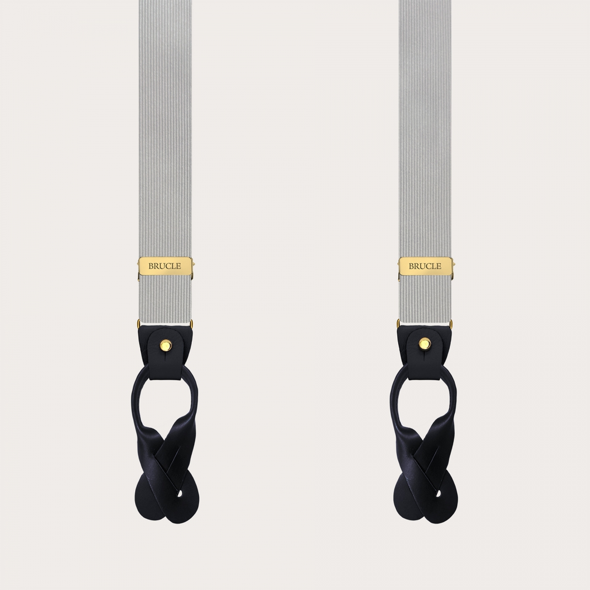 Gray narrow silk suspenders with gold metal parts