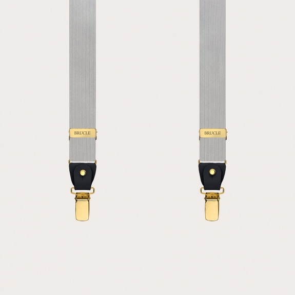 Gray narrow silk suspenders with gold metal parts