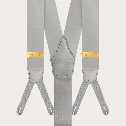 Grey silk satin suspenders for buttons with gold metal parts