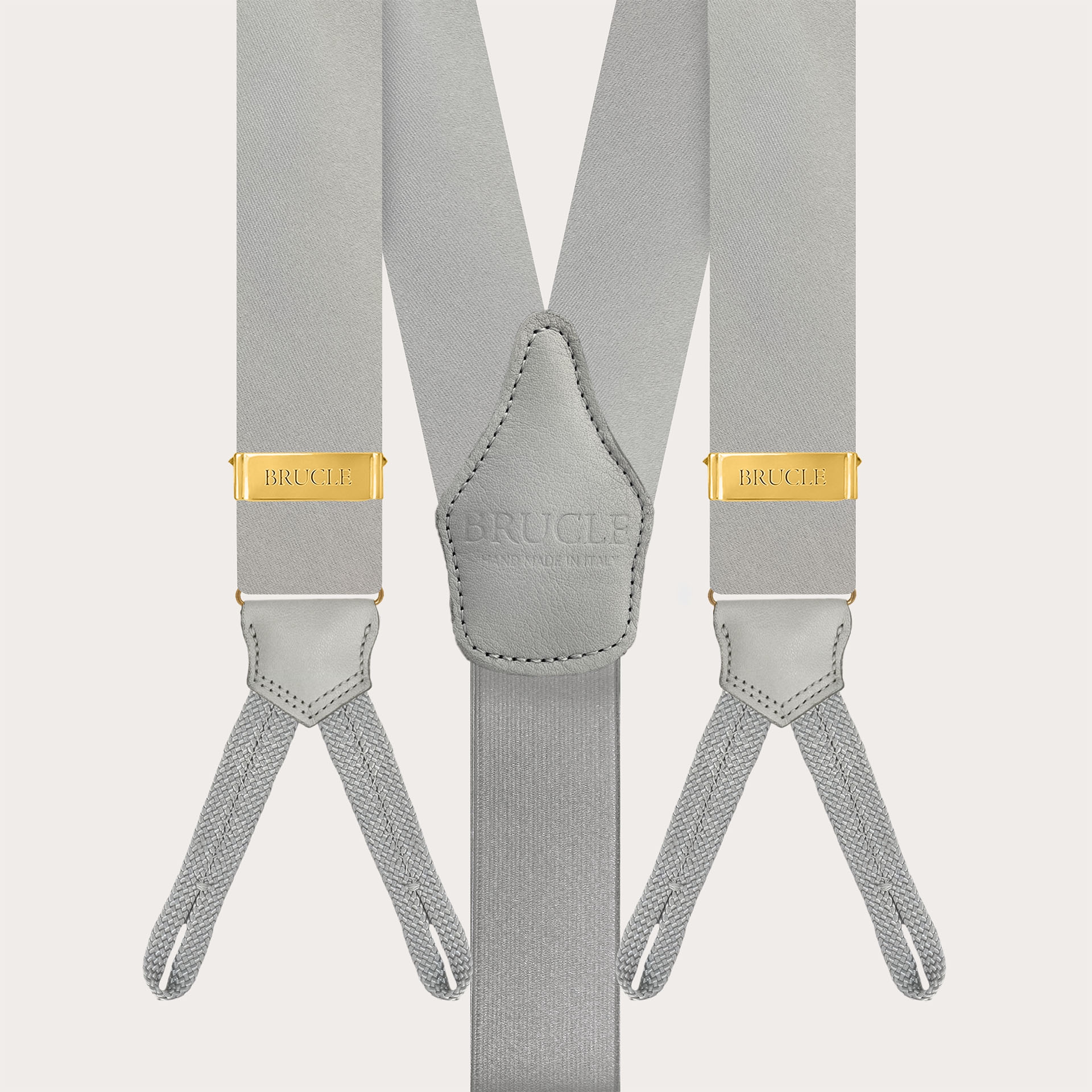 Grey silk satin suspenders for buttons with gold metal parts