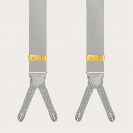 Grey silk satin suspenders for buttons with gold metal parts