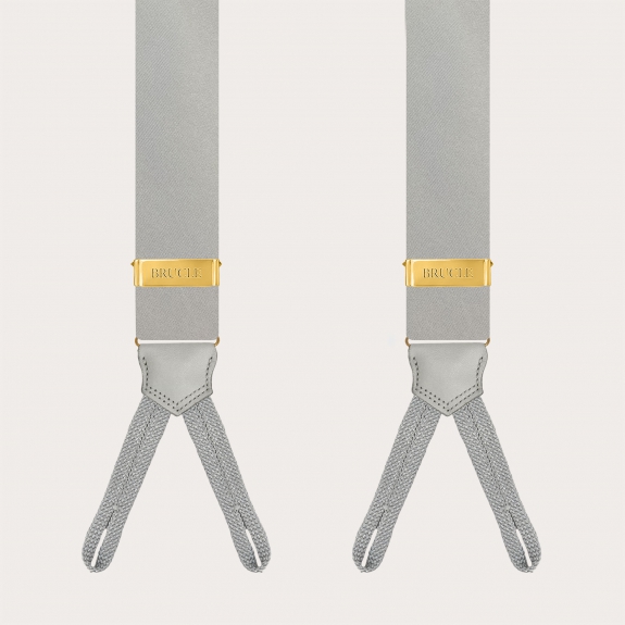 Grey silk satin suspenders for buttons with gold metal parts