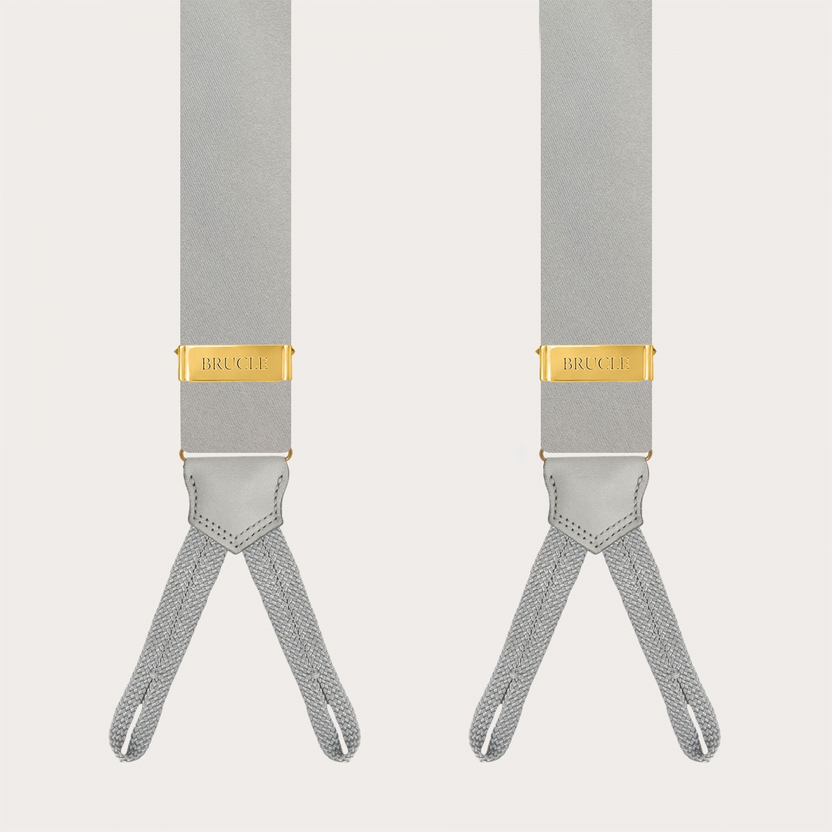 Grey silk satin suspenders for buttons with gold metal parts