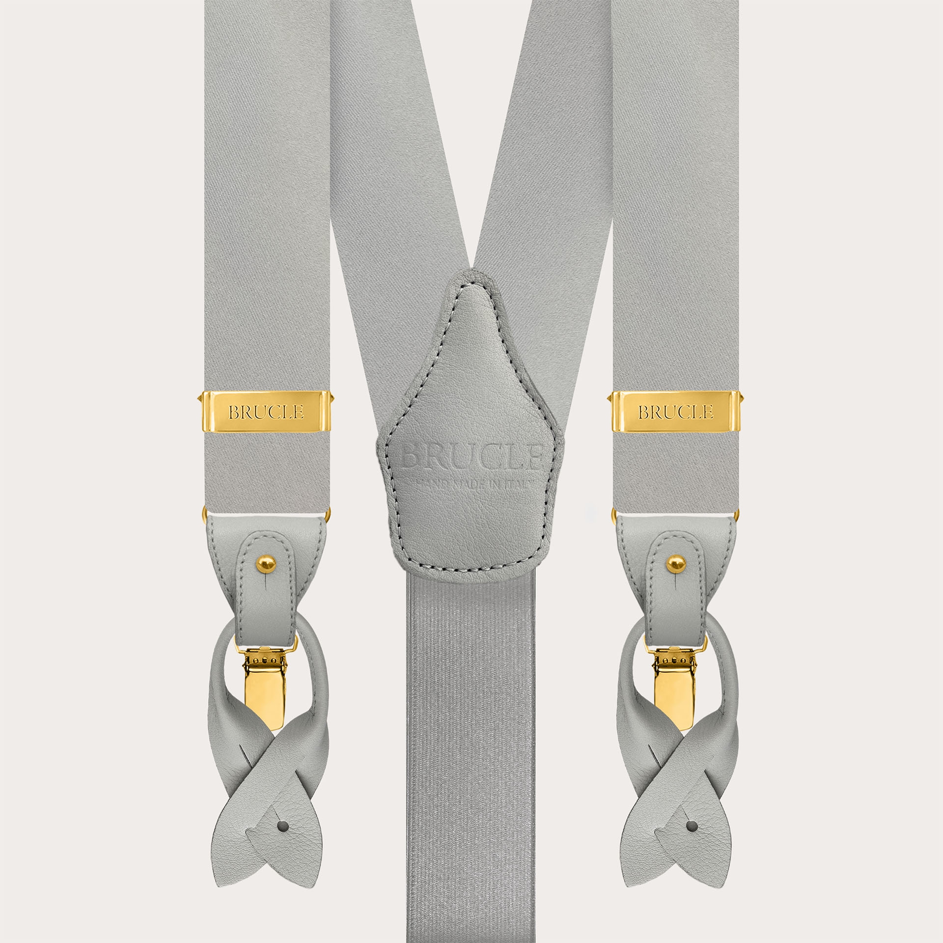 Men's grey silk satin suspenders with gold metal parts