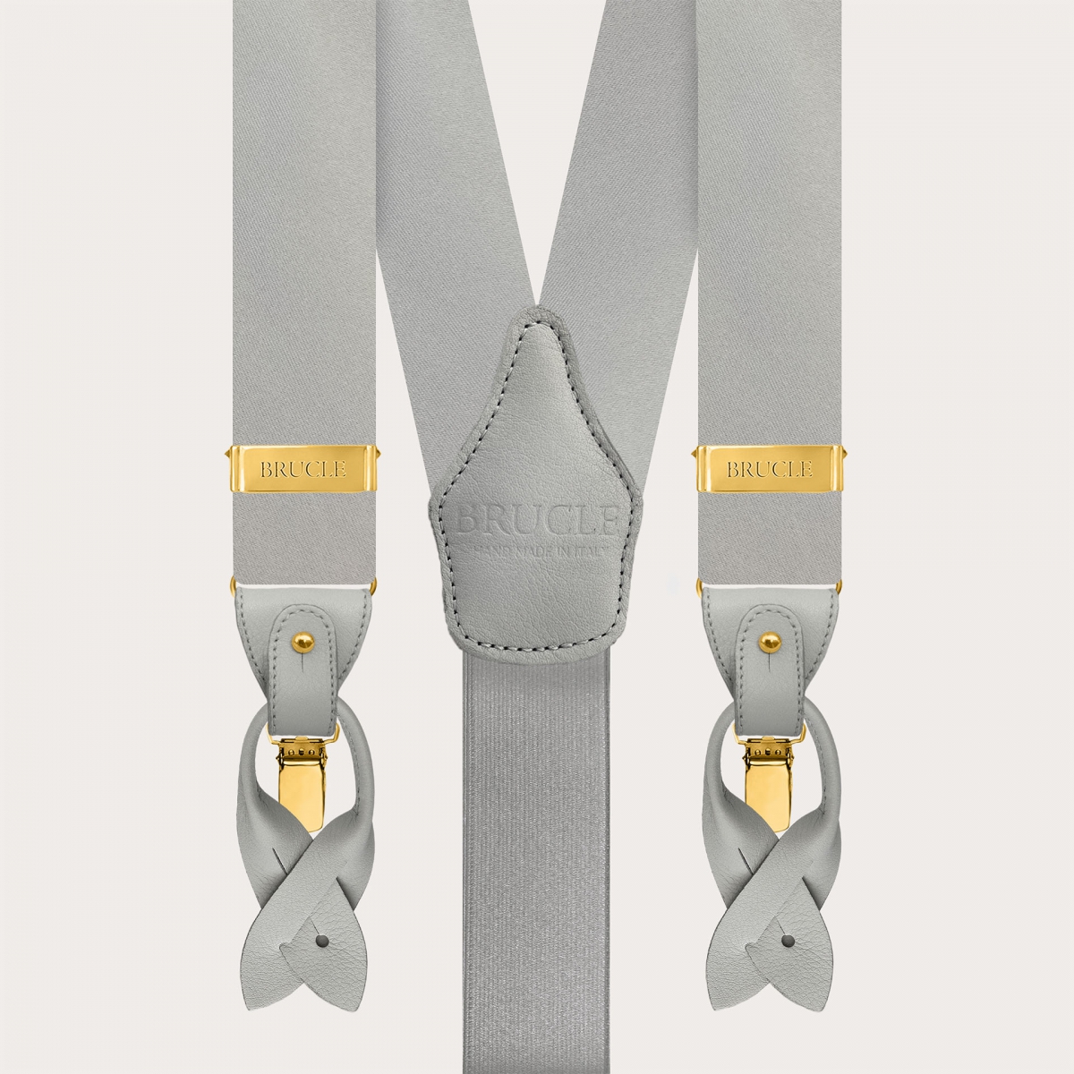 Men's grey silk satin suspenders with gold metal parts