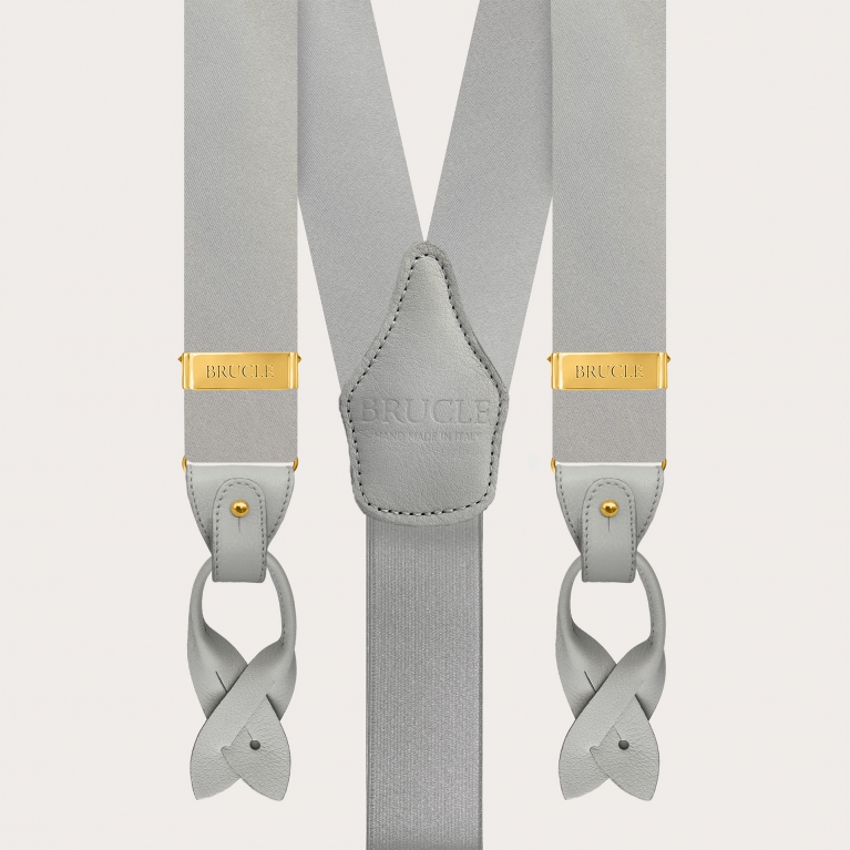 Men's grey silk satin suspenders with gold metal parts