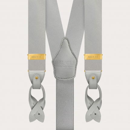 Men's grey silk satin suspenders with gold metal parts