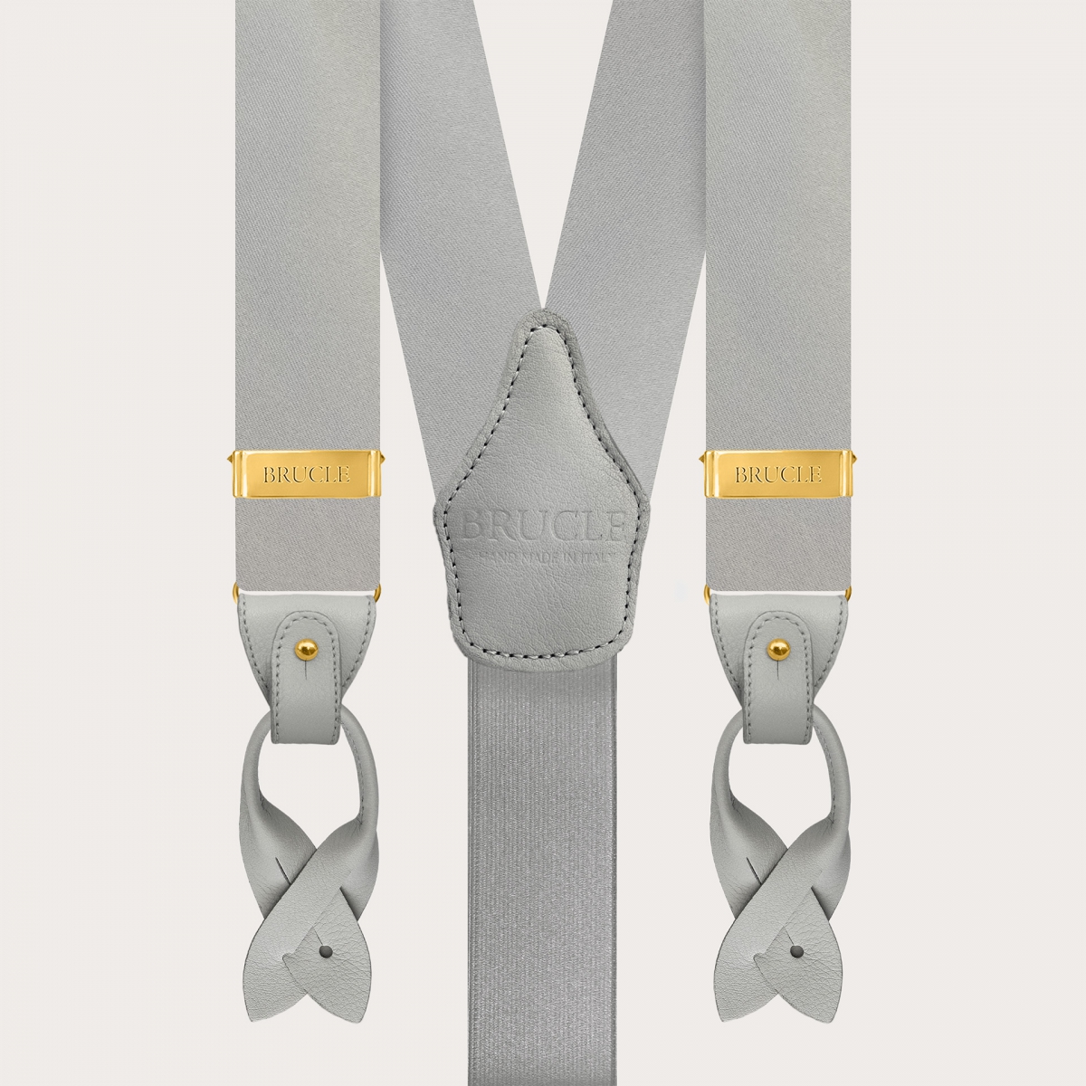 Men's grey silk satin suspenders with gold metal parts