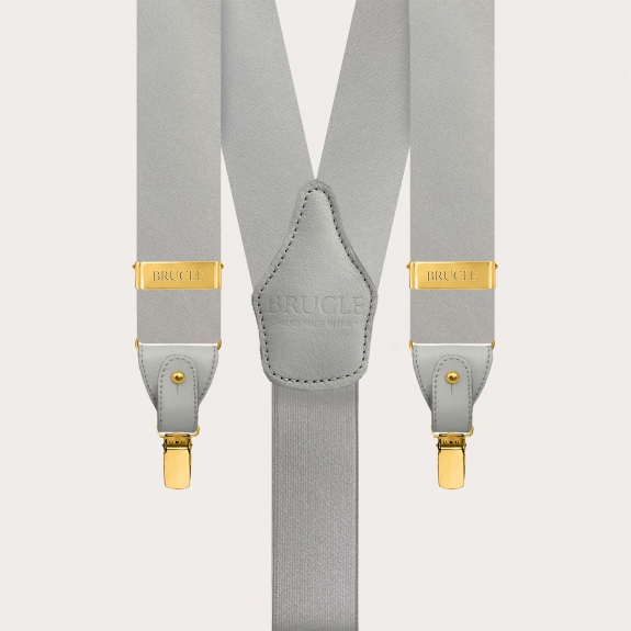 Men's grey silk satin suspenders with gold metal parts