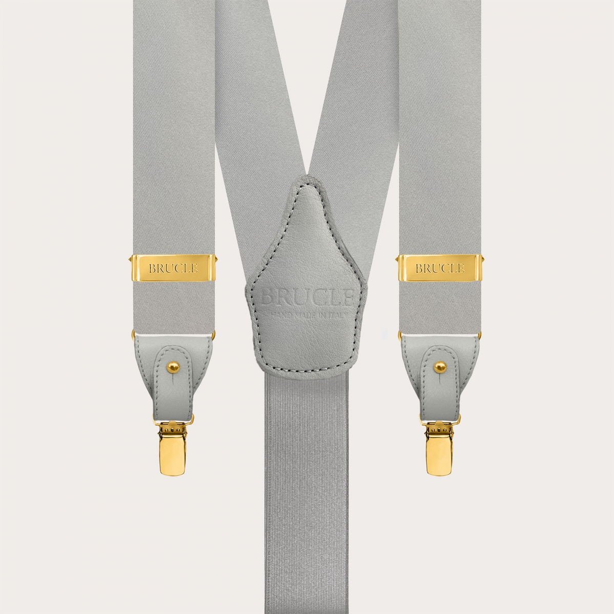 Men's grey silk satin suspenders with gold metal parts