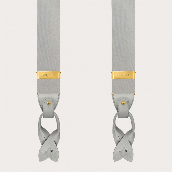 Men's grey silk satin suspenders with gold metal parts