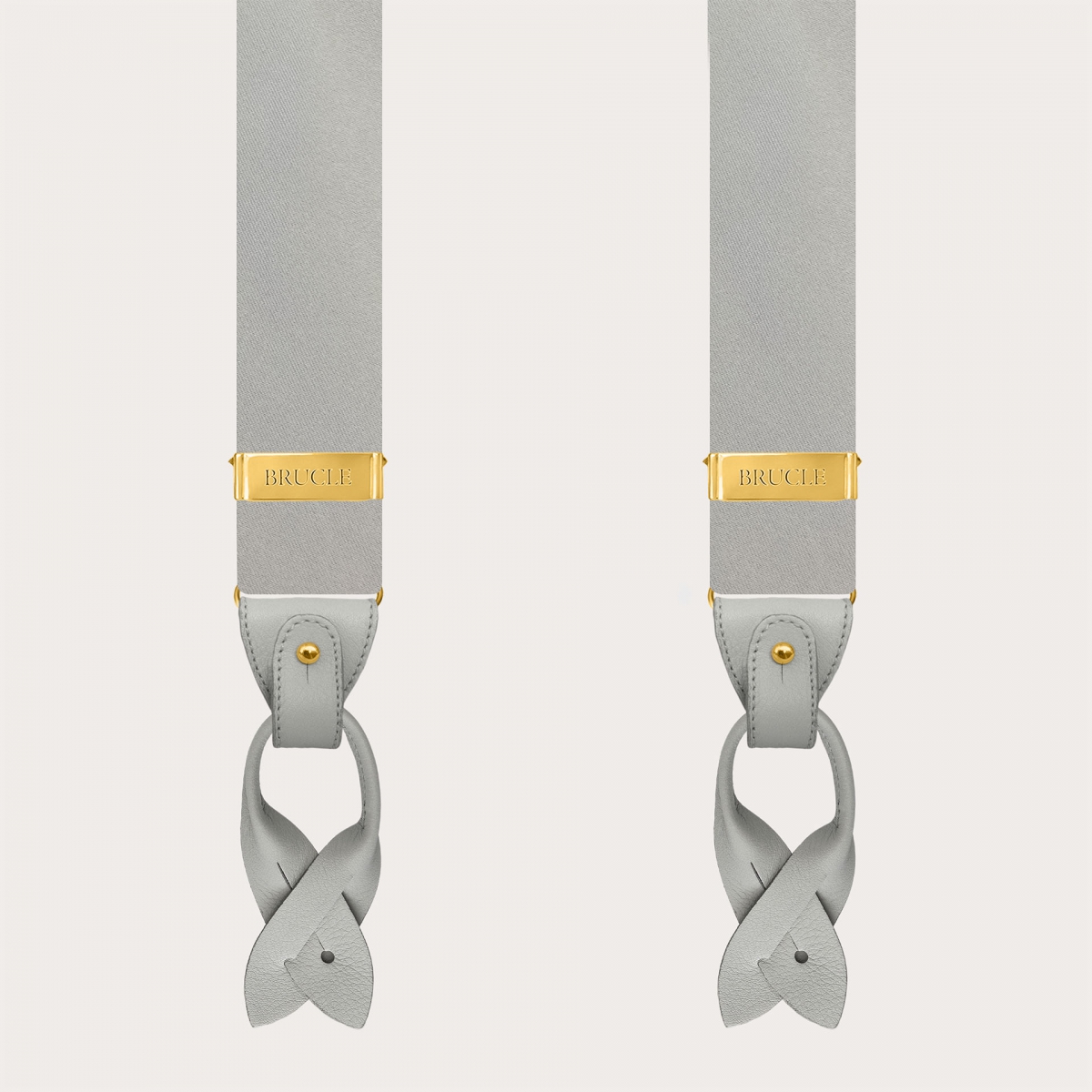 Men's grey silk satin suspenders with gold metal parts